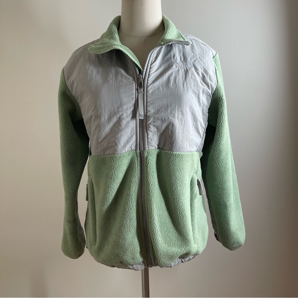 The North Face Girls Polartec Light Green Grey Fleece Zip-Up Jacket - Size Large